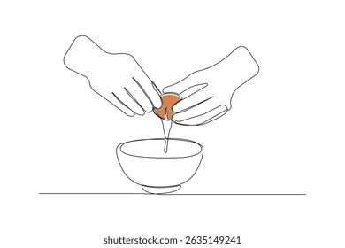 Continuous single-line art drawing of hands cracking raw egg into bowl. Cracked Egg outline vector isolated on white background	
