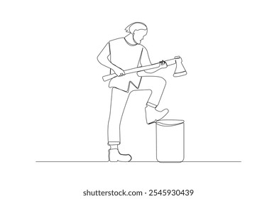 Dibujo de arte continuo de una sola línea de hombre cortando madera con un hacha.  Vector de contorno de madera de corte 