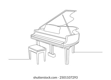 Continuous single-line art drawing of Piano. Hand-drawn piano with chair vector isolated on white background.