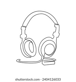 Continuous single-line art drawing of a wireless headphones speaker and outline style vector illustration