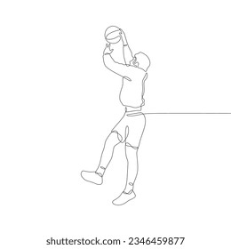 Continuous single-line art of a person playing basketball