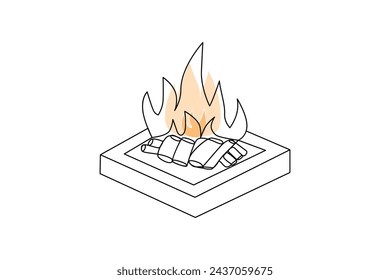 Continuous single-line bonfire drawing and outline fire concept art illustration