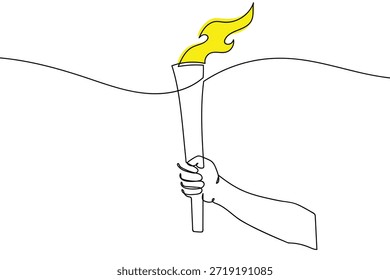 Un estilo de coloración continuo de una sola línea. Una mano sosteniendo una antorcha durante un relevo de antorcha en un evento deportivo. Esquema de arte de línea. Ilustración vectorial.