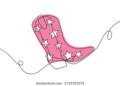 Um estilo de coloração de linha única contínua. Bota de cowboy rosa com padrões de estrelas. Estrutura de tópicos da arte. Ilustração vetorial.