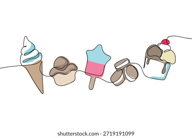 Un estilo de coloración continuo de una sola línea. Un conjunto de productos de panadería, helados, galletas y conos de helado. Esquema de arte de línea. Ilustración vectorial.