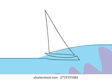 Un estilo de coloración de una sola línea: un Pequeño velero en medio del mar. Esquema de arte de línea. Ilustración vectorial.