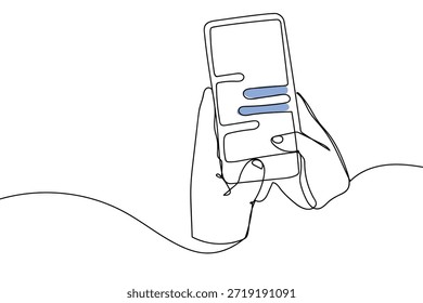 Un estilo de coloración continuo de una sola línea. Un smartphone en la mano, respondiendo a un mensaje de texto. Ilustración de redes sociales. Esquema de arte de línea. Ilustración vectorial.