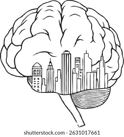 Continuous single-line drawing of a human brain transforming into a city skyline