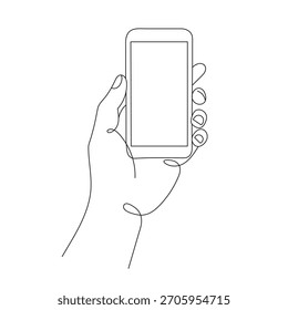 Desenho de linha única contínuo de uma tela de telefone celular. Segurando um smartphone. Conceito de smartphone. Desenho de linha única, ilustração vetorial. Arte de linha editável
