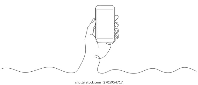 Dibujo continuo de una sola línea de la pantalla de un teléfono móvil. Sosteniendo un smartphone. Concepto de smartphone. Dibujo de una sola línea, Ilustración vectorial. Arte de línea editable