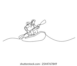 continuous single-line drawing of a person kayaking, navigating through calm waters with a double-bladed paddle. simple design and fluid motion for outdoor sport adventure illustration