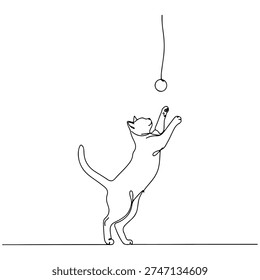 continuous single-line drawing of a playful cat reaching for a dangling toy, capturing movement and feline curiosity on a white background.