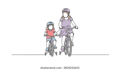 Continuous single-line drawing of two young sisters riding bicycles with training wheels and wearing safety helmets, minimalist flat line art with pastel colors on white background.