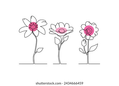 Conjunto continuo de flores de una sola línea, flores florales, botánicas, rosas y flores minimalistas dibujando arte de contorno