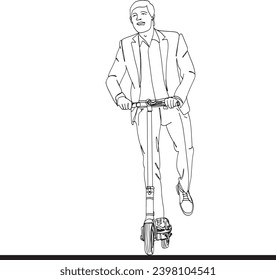 Continuous sketch of person riding e-scooter clip art, Vector drawing of young man on mobile electric scooter, Cartoon illustration of one-line electric scooter ride