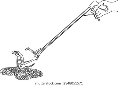 Continuous Sketch Snake Catcher Tools in Cartoon Illustration, Pliers, Tongs, and Grab Stick, Cartoon Snake Wrangling, Snake Catcher Gear, Pliers, Tongs, and Stick, One Stroke Reptile Handling