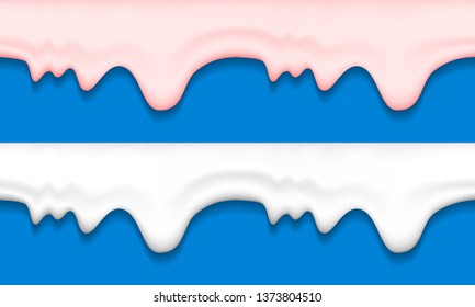 Ständige Patronen aus Rahm oder Glas einzeln auf blauem Hintergrund. Flüssigkeitsmenge für Kosmetikcremeplakate, Plakate und Broschüren. Flüssige, cremige weiße Textur fließt. Vektorgrafik.