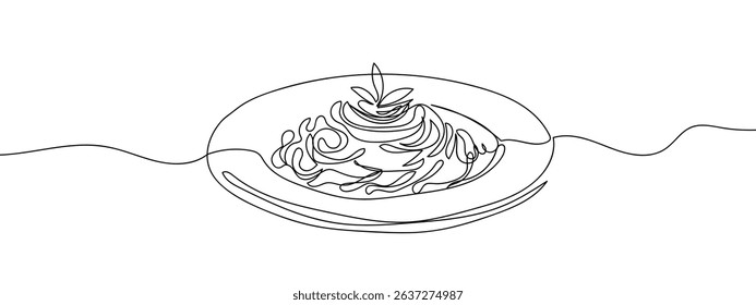 Continuous spaghetti on a plate Line Art Vector Transparent Background.