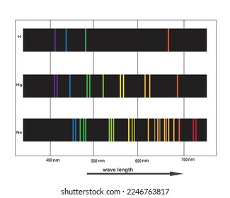 Durchlaufspektrum von weißem Licht und sichtbarem Bereich Leuchtenlinien Spektren von Wasserstoff, Quecksilberneonatome, Vektorgrafik, Linienspektren