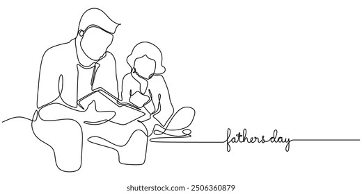 Continuous Stroke Father Child Reading Moment. Minimalist Line Hand Drawn Outline Vector Illustration.