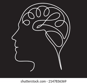 continuous stylized modern drawing of a human head and brain. flat vector linear illustration on a white background. drawing thoughts  in a man's head in one line