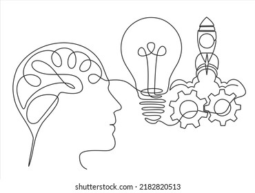 continuous stylized modern drawing of a human head and brain thinking about business growth, thinking about how and where to make money. Time for new opportunities to earn.