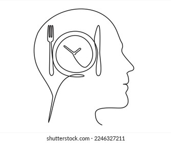 continuous stylized modern drawing of a human head and Plate with o clock, fork, knife,  thinking about food. Time to eat. flat vector linear illustration on  white background. 