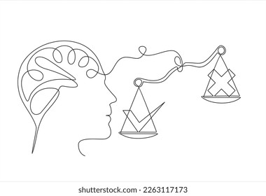 continuous stylized modern drawing of a human head and brain thinking about thinking about the choice, dilemma, yes or no. Badges Yes and No on Scales. Check marks list icons YES or NO. 