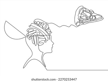 stetig stilisierte, moderne Zeichnung eines menschlichen Kopfes und Gehirns, die über eine Pizza nachdenken, über Essen nachdenken. Zeit zu essen. flache, lineare Vektorgrafik auf weißem Hintergrund.