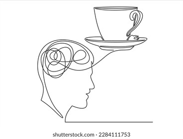 continuous stylized modern drawing of a human head and brain thinking about and coffee, thinking about food. Time to eat. flat vector linear illustration on a white background.