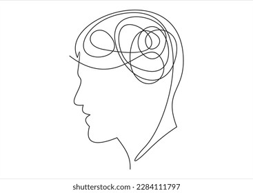 continuous stylized modern drawing of a human head and brain. flat vector linear illustration on a white background. drawing thoughts in a man's head in one line