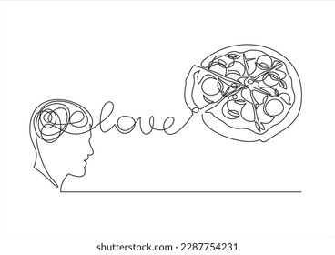 dibujo moderno y estilizado continuo de la cabeza humana y el cerebro pensando en una pizza, pensando en la comida. Es hora de comer. ilustración lineal vectorial plana sobre fondo blanco.