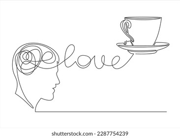 continuous stylized modern drawing of a human head and brain thinking about and coffee, thinking about food. Time to eat. flat vector linear illustration on a white background.