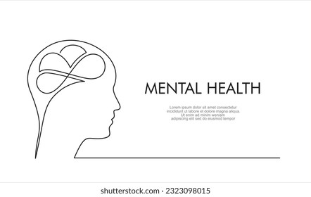 continuous stylized modern drawing of a human head and brain. flat vector linear illustration on a white background. drawing thoughts  in a man's head in one line