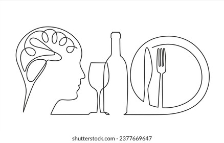 dibujo moderno y estilizado continuo de la cabeza humana y la placa, el tenedor, el cuchillo, pensando en la comida. Es hora de comer. ilustración lineal vectorial plana sobre fondo blanco.