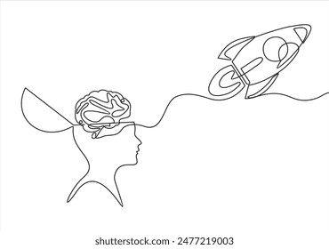 fortwährende stilisierte moderne Zeichnung eines menschlichen Kopfes und Gehirns, die über ein Startup-Unternehmen nachdenkt. Zeit für neue Verdienstmöglichkeiten. Lineare Illustration mit flacher Vektorgrafik auf weißem Hintergrund.