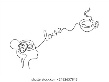 continuous stylized modern drawing of a human head and brain thinking about a coffee, thinking about food. Time to eat. flat vector linear illustration on a white background.