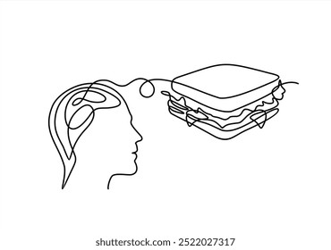 desenho moderno contínuo estilizado de uma cabeça e cérebro humano pensando sobre um sanduíche, pensando sobre comida. Hora de comer. ilustração linear vetorial plana em um fundo branco.