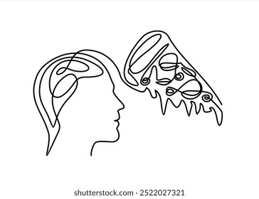 continuous stylized modern drawing of a human head and brain thinking about a pizza, thinking about food. Time to eat. flat vector linear illustration on a white background. 