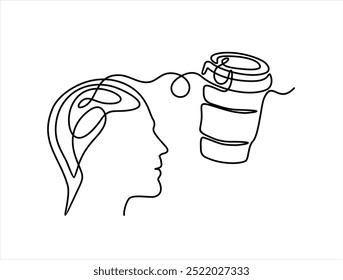 continuous stylized modern drawing of a human head and brain thinking about a cup of coffee. Coffee time. flat vector linear illustration on a white background. drawing thoughts  in a man's head