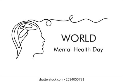 Continuous stylized modern drawing of a human head and brain. World Mental Health day is observed every year on October 10, A mental illness is a health problem	
