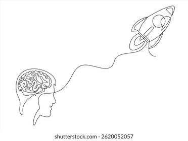 continuous stylized modern drawing of a human head and brain thinking about a Start up business. Time for new opportunities to earn. Editable stroke. 