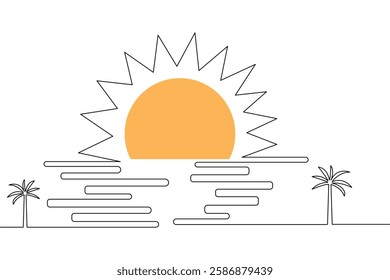 Continuous Sunset one line art drawing with outline vector illustration and minimalist design.