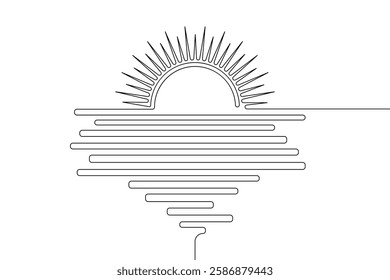 Continuous Sunset one line art drawing with outline vector illustration and minimalist design.