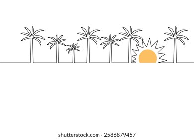 Continuous Sunset one line art drawing with outline vector illustration and minimalist design.