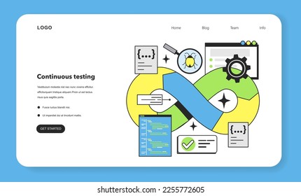 Continuous testing technique web banner or landing page. Software testing methodology. IT specialist searching for bugs in code. Website and application development. Flat vector illustration