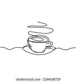 Continuous thin line coffee cup with smoke vector illustration, minimalist sketch doodle for cafe. One line teacup art icon, single tea bowl outline drawing or unbroken simple hot drink mug logo