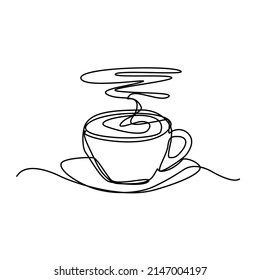 Continuous Thin Line Coffee Cup With Smoke Vector Illustration, Minimalist Sketch Doodle For Cafe. One Line Teacup Art Icon, Single Tea Bowl Outline Drawing Or Unbroken Simple Hot Drink Mug Logo