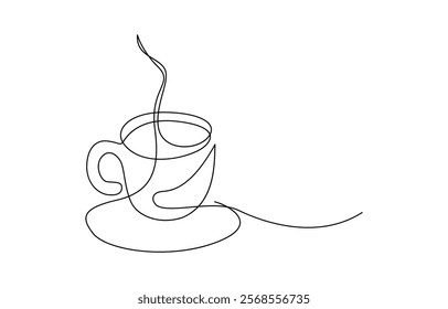 Continuous thin line coffee cup with smoke vector illustration, Single continuous line art. Coffee cup tea cup morning cafe hot drink.