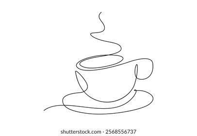 Continuous thin line coffee cup with smoke vector illustration, Single continuous line art. Coffee cup tea cup morning cafe hot drink.